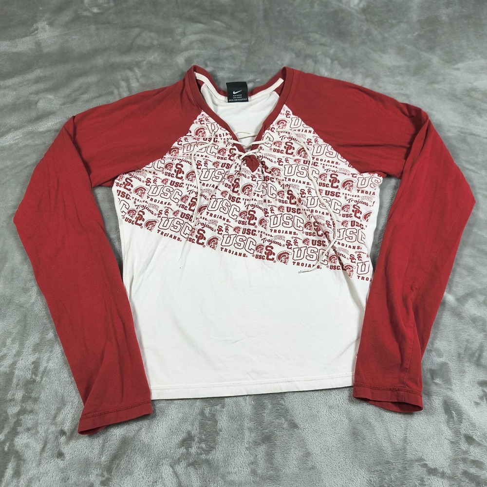 Vintage USC Trojans Shirt Womens Medium Red Nike Team Raglan Lace Up Long Sleeve
